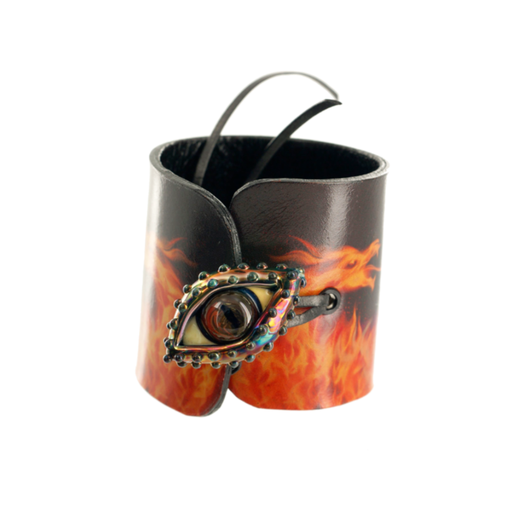 Leather Cuff with Flames and Eye - One of a Kind Leatherwork - By Lezlie Made in Toronto Canada