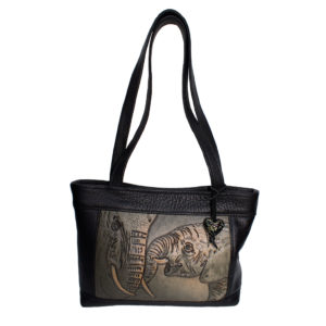Elephant mom and baby leather tote - one of a king leather tote bags - made in Toronto Canada - By Lezlie