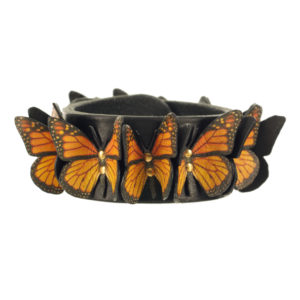 Custom Leather Cuff with Monarch Butterflies - Butterfly Leather Cuff - ByLezlie Artist - Custom Leatherwork Made in Canada