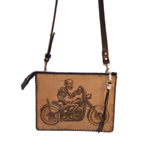 Skeleton Biker Cross Body Leather Bag - One of a Kind Custom Leather Bags - Custom Prints on Leather Bags - By Lezlie Made in Toronto, Aurora, Canada